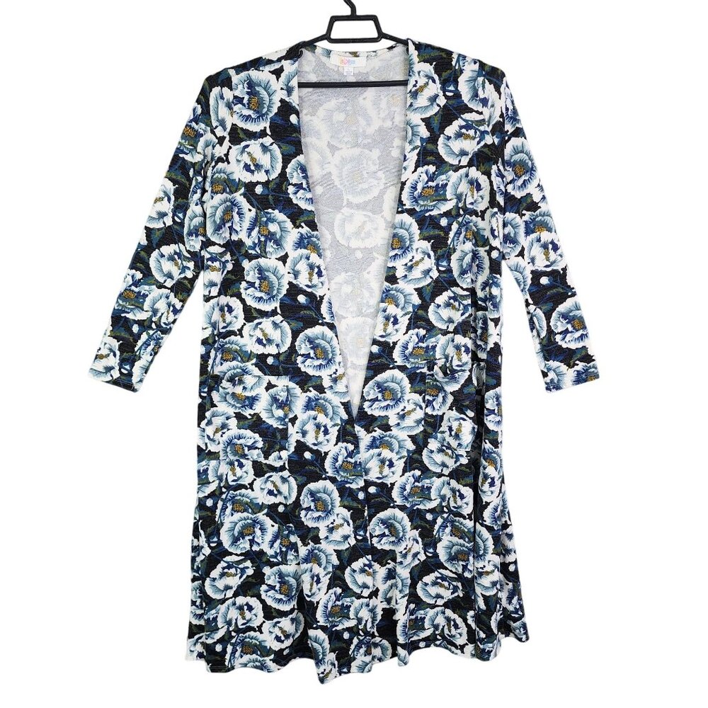 Women's LuLaRoe Long Open Cardigan Blue White Floral Pockets Size L